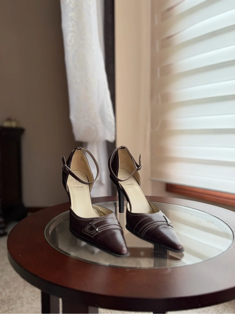 Joan & David Pointed Ankle-Strap Pumps in Dark Brown Leather